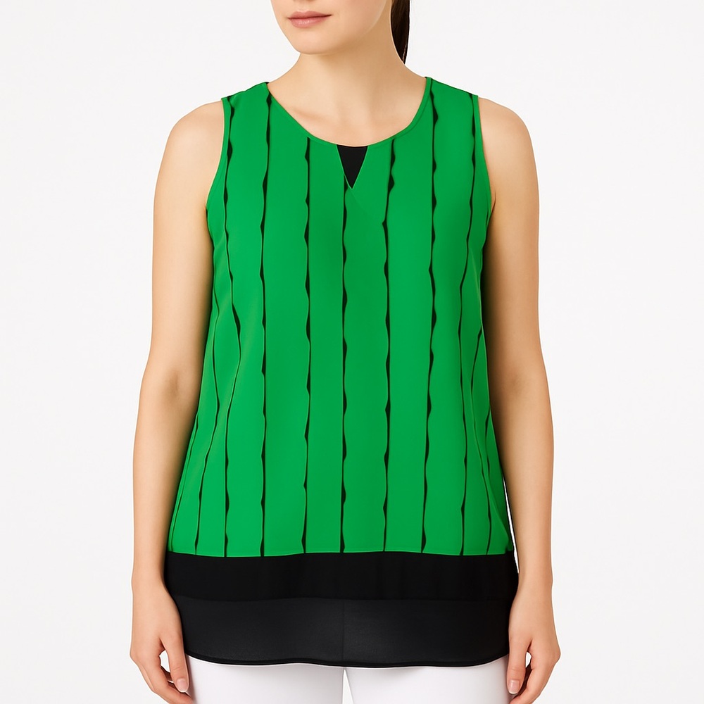 Worthington Green Geometric Print Sleeveless Blouse L Sheer Hem
